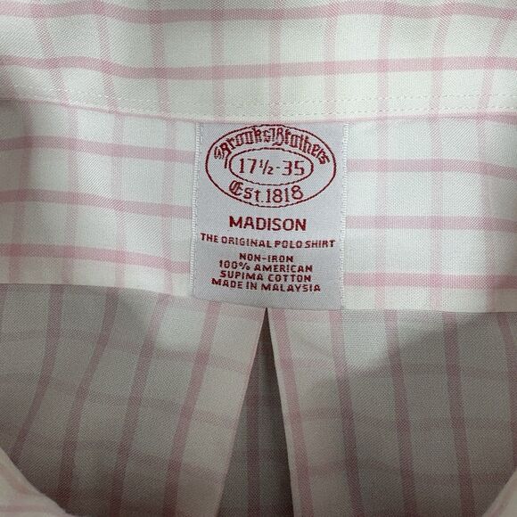 Brooks Brothers Madison cotton pink white checks button down Size XL 17.5-35 - Picture 3 of 7